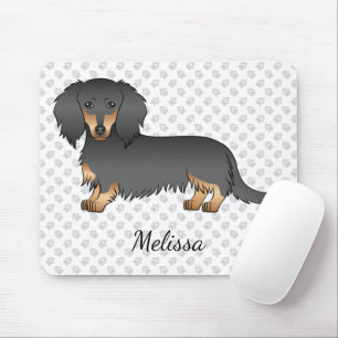 Zwart & Tan Langharige Dachshund Cartoon Hond & Na Muismat