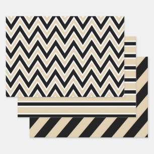 Zwart, Taupe en Witte Chevron & Vette Streep Inpakpapier Vel