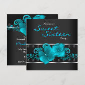 Zwart Teal Blauw Sweet 16 Verjaardagsfeestje Kaart (Voorkant / Achterkant)