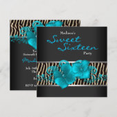 Zwart Teal Blauw Zebra Sweet 16 Verjaardagsfeestje Kaart (Voorkant / Achterkant)