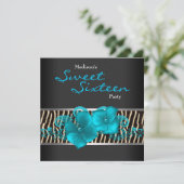 Zwart Teal Blauw Zebra Sweet 16 Verjaardagsfeestje Kaart (Staand voorkant)