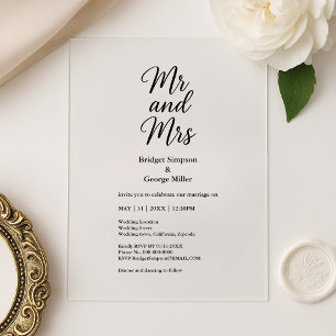 zwart transparant heer en mevrouw Elegant Wedding Acryl Uitnodigingen
