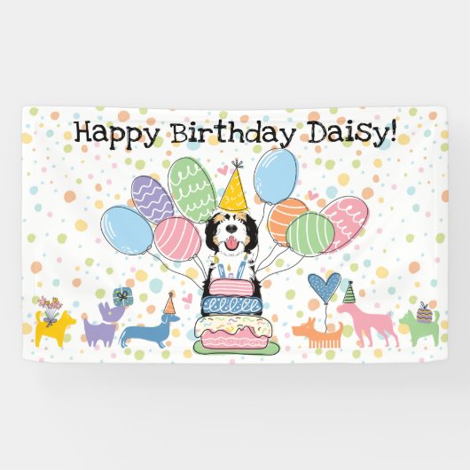Zwart Tri Kleur Sheepadoodle Hond Verjaardagsfeest Spandoek (Horizontaal)