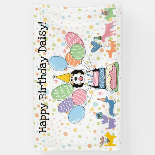 Zwart Tri Kleur Sheepadoodle Hond Verjaardagsfeest Spandoek (Verticaal)