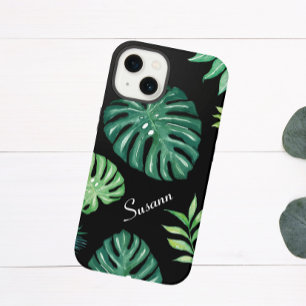 Zwart Tropisch Bladpatroon iPhone 14 Hoesje