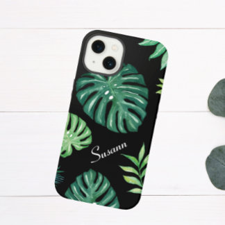 Zwart Tropisch Bladpatroon iPhone 14 Hoesje