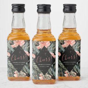 Zwart Tropisch Bloemen Bruiloft Mini Liquor Label Likeurfles Etiket