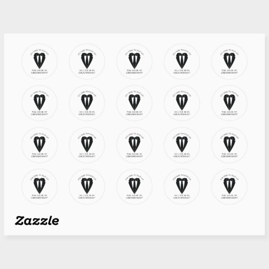 Zwart Trouwpak en Stropdas Groomsman Voorstel Ronde Sticker (Vel)