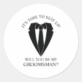 Zwart Trouwpak en Stropdas Groomsman Voorstel Ronde Sticker (Voorkant)