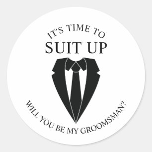 Zwart Trouwpak en Stropdas Groomsman Voorstel Ronde Sticker