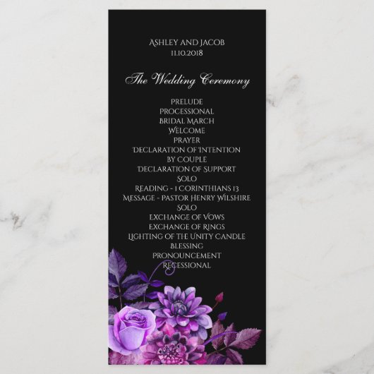 Zwart trouwprogramma. Paarse bloemenceremoniekaart Programma (Voorkant)
