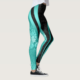 Zwart & Turquoise Bloemen Damast Geometrisch Ontwe Leggings