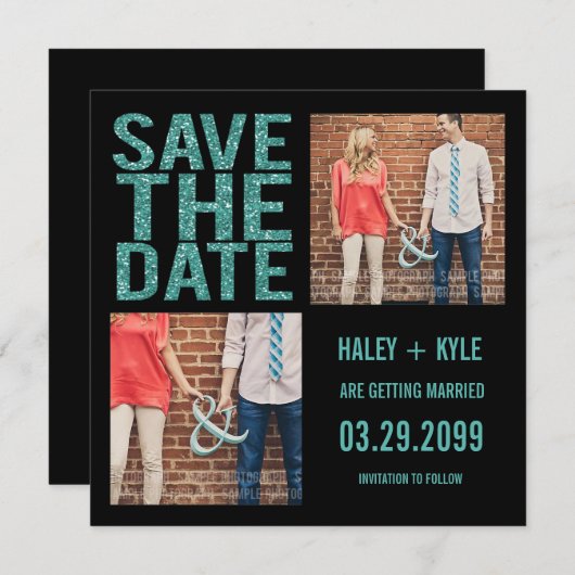 Zwart & turquoise glitter Bewaar de datum fotokaar Kaart (Voorkant / Achterkant)