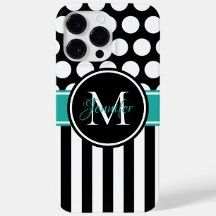 Zwart Turquoise Wit Streep Stip Monogram Case-Mate iPhone 14 Pro Max Hoesje