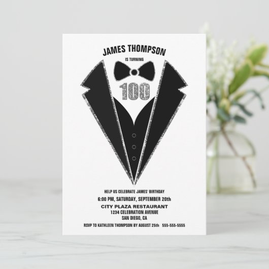 Zwart Tuxedo 100e verjaardagsfeestje Kaart (Staand voorkant)