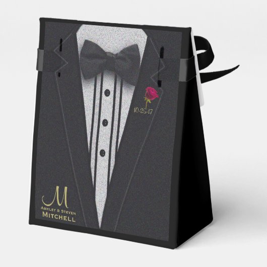 Zwart Tuxedo Monogram met Rode Roos Bedankdoosjes (Achterkant)