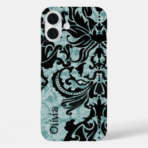 Zwart Vector Damask Blauw iPhone 16 Plus Hoesje