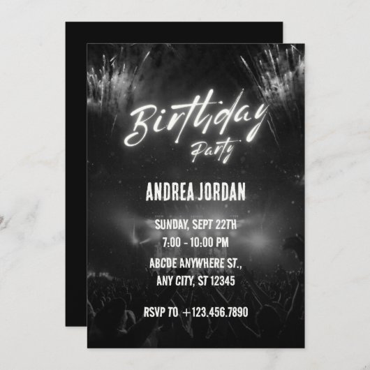 Zwart verjaardagsfeestje kaart (Voorkant / Achterkant)