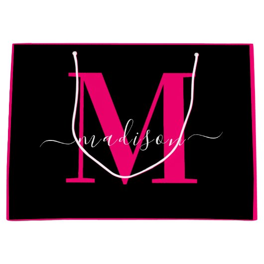 Zwart & Vet Hot Pink Monogram Initiaal Girly Groot Cadeauzakje (Voorkant)