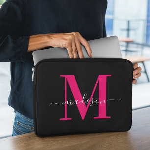 Zwart & Vet Hot Pink Monogram Initiaal Girly Laptop Sleeve