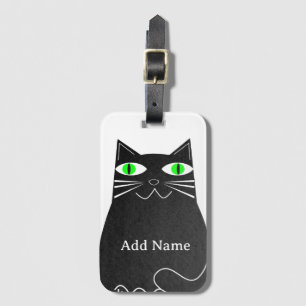 Zwart Vet Kat Met Groene Ogen Custom Name Bagagelabel