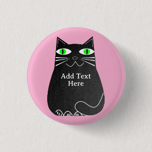 Zwart Vet Kat Met Groene Ogen Custom Text Pink Ronde Button 3,2 Cm