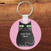 Zwart Vet Kat Met Groene Ogen Custom Text Pink Sleutelhanger (Achterkant)