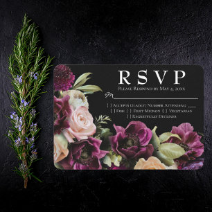 Zwart Victoriaans Paarse  Bloemen Bruiloft RSVP Kaartje