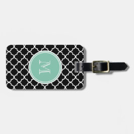 Zwart vierlobbig patroon, mintgroene monogram bagagelabel