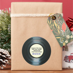 Zwart vinylmuziekplatenlabel met foto ronde sticker