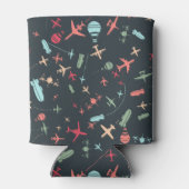 Zwart vliegtuig en luchtvaartpatroon blikjeskoeler (Achterkant)