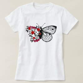 zwart vlinder rood bloemgroen blad t-shirt