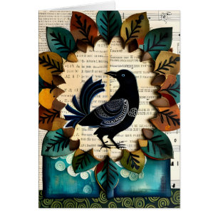 Zwart Vogel Collage Folk Art Blank Binnen Kaart
