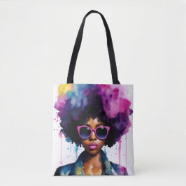 Zwart Vrouw Afro Haar en Zonnebril Regenboog Kunst Draagtas