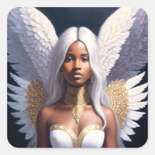 Zwart Vrouw Angel White Wings Art Vierkante Sticker