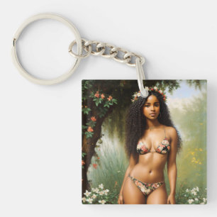 Zwart Vrouw Bikini Model Bloemen Beauty Sleutelhanger