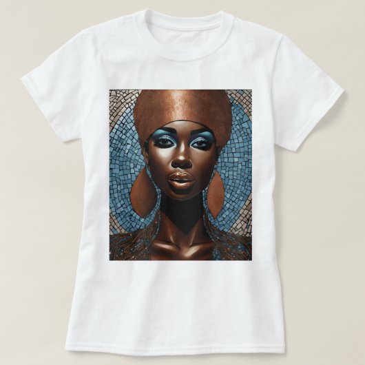Zwart Vrouw Blauw Koper Mozaïek T-shirt (Design voorkant)
