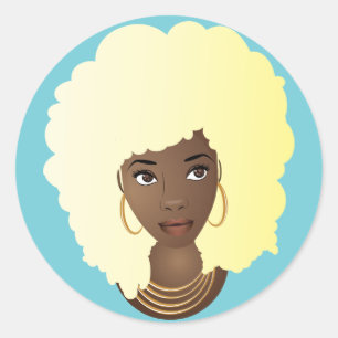Zwart Vrouw, Blond Haar, Blauw Ronde Sticker