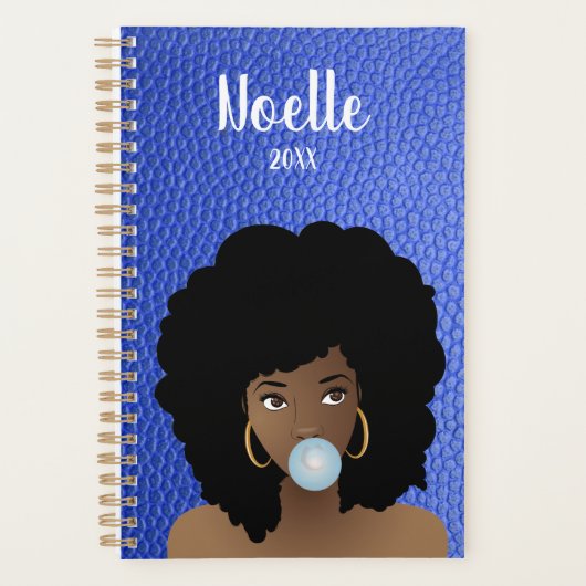 Zwart Vrouw, Bubblegum, Blauw Faux Leer Planner (Voorkant)