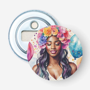  zwart vrouw kleurrijke ballonnen partij button flesopener