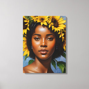 Zwart Vrouw Zonnebloem Portret Kunst Canvas Afdruk