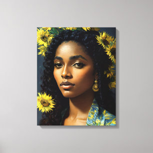 Zwart Vrouw Zonnebloem Portret Van Gogh Stijl Canvas Afdruk