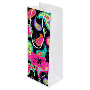 Zwart warm roze monogram op maat van Mod Paisley Wijn Cadeautas