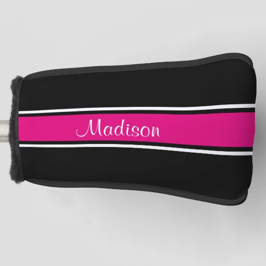 Zwart warm roze stripe Script Name Monogram Golfheadcover (Voorkant)