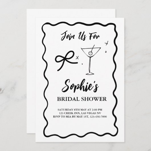 Zwart Wavy Retro Vrijgezellenfeest, Martini Bow St Kaart (Voorkant / Achterkant)
