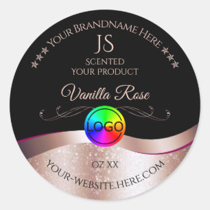 Zwart Wavy Roos Goud Logo Monogram Productlabel Ronde Sticker