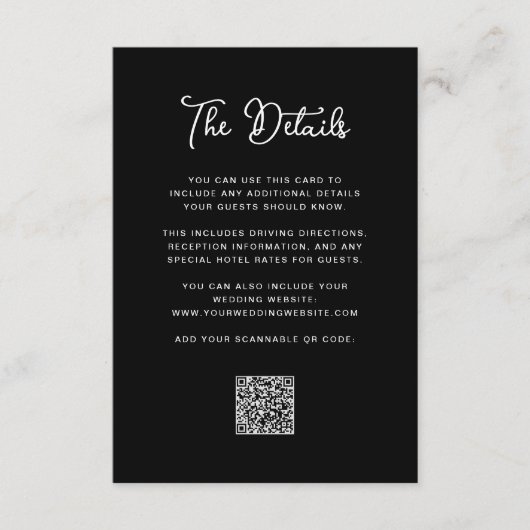 Zwart Whimsical Bruiloft Gast Details QR Code Informatiekaartje (Voorkant)