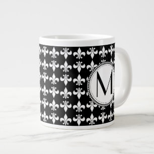Zwart White Fleur de Lis Monogram Pattern Jumbo Mok