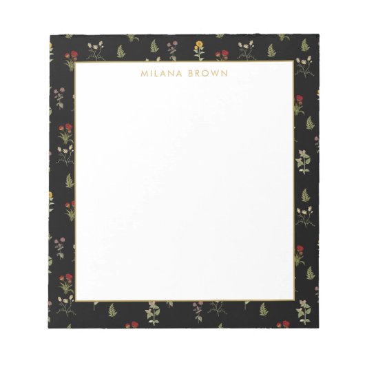 Zwart Wildflower & Gouden Naam Notitieblok (Voorkant)