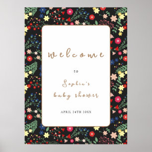 Zwart Wildflower Lijst Baby shower Welkom Poster